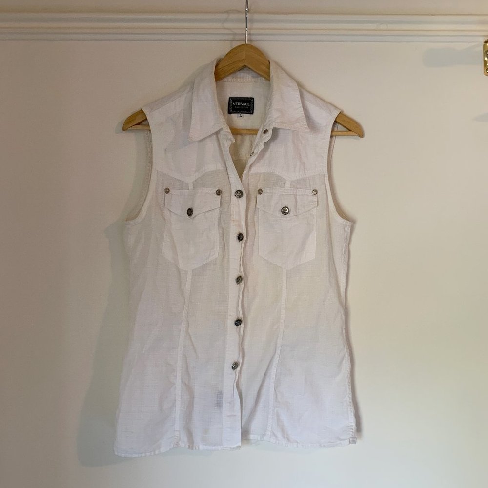 Rare 90s Versace Jeans Couture Sleeveless Top Silver Medusa Buttons Sheer White